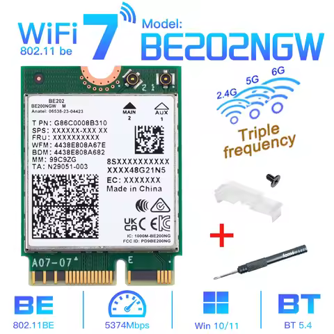 Fenvi For Intel BE202 M.2 Network Card WiFi 7 Bluetooth 5.4 2.4G/5G/6GHz BE202NGW Wireless Wifi7 Ada