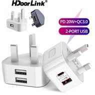 HdoorLink Universal UK Plug 3 Pin Wall Charger Adapter With 1/2 USB Ports Charging Samsung Huawei 5V 1A/2A PD20W Mobile Charger