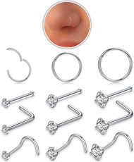 18g Nose Rings Hoop and 20g Nose Studs Sets for Women Men,Hypoallergenic 316L Surgical Stainless Ste