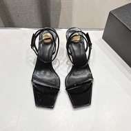 2026 Spring Summer Catwalk Style Square Toe Metal Buckle High Heel Sandals