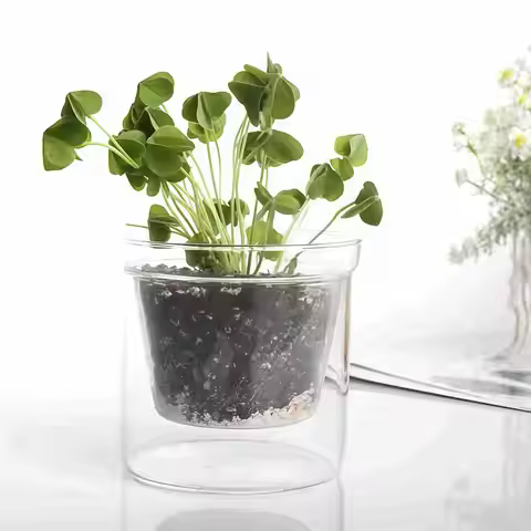 Clear Glass Flower Pot Double Layer Self Watering Planter Hydroponic Vase African Violet Orchid Offi