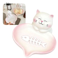 DELMER Cat Soap Dish, Pastel Pink White With Drainage Soap Holder, Lucky Cat Adorable Cat-shaped Cre