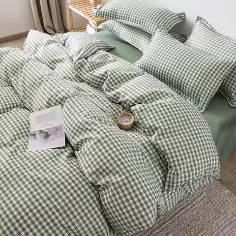 Simple Bedding Set Plaid Sold Color Single Queen Size Duvet Cover No Filling Boys Girls Flat Sheet P
