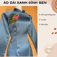 Dark stone blue ao dai, lotus flower ao dai, lotus flower dress for temple, dark ao satin silk ao da