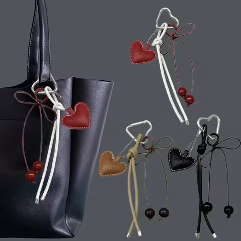 Y2k Leather Rope Keychain Cherry Bow Cute Heart Bag Pendant 3D Creative Cartoon Keyring Anti-Lost Mo