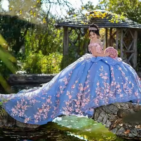 Angelsbridep Blue Princess Ball Gown Quinceanera Dresses Vestidos De 15 Anos XV 3D Lace Flower Birth