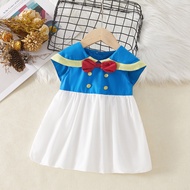 Summer New Newborn Baby Dress Blue Navy Collar Bow Splicing Color Contrasting Princess Dress Evening