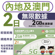 中國聯通 - 【中國內地&澳門】中澳2日 2GB高速丨電話卡 上網咭 sim咭 丨即買即用 無限數據 網絡共享 5G/4G網絡全覆蓋*2025年6月30日前啟用即送1GB高速數據）