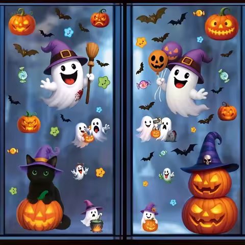 New Halloween Pumpkin Window Stickers Cartoon Candy Pumpkin Lantern Black Cat Ghost Stickers Ghost F