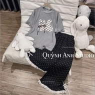 Summer home wear set, zip t-shirt set ruffleshort sleeve mixed with polka dot pants C72(5)