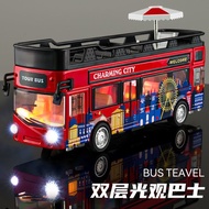[Fun] Ready Stock Sightseeing Bus Toy Double-Decker Model Alloy Sound Light Can Open Door Simulation Children's Car Decoration