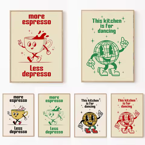 Retro Kitchen Food Cartoon Poster Character Coffee More Espresso Less Depresso Quotes Poster Wall Ca