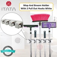 EZ Magic Mop And Broom Holder Organizer Hanger With 2 Pull Out Hooks Space Saver