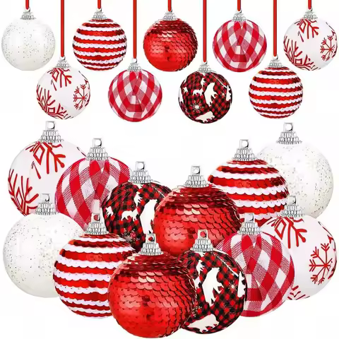 12Pcs Buffalo Plaid Glitter Christmas Ball Ornaments, Rustic Hanging Tree Decor for Xmas Party Suppl