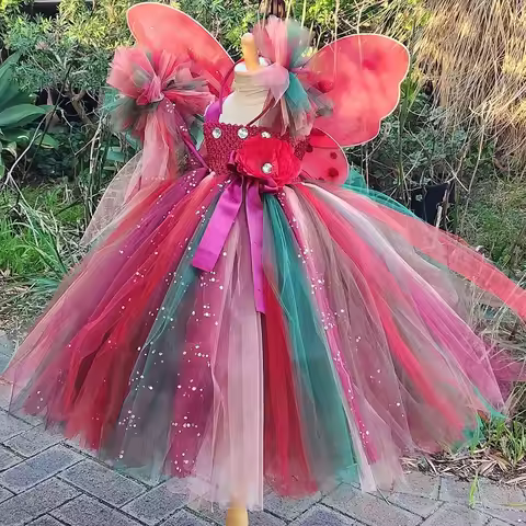 Girls Red Glitter Flower Tutu Dress Kids Glitter Tulle Dress Ball Gown with Wing Children Birthday P