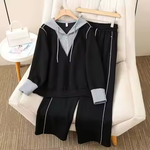 Women Two Piece Set Women Spring Autumn Color Block Hooded Sweatshirt Two Piece Set Striped Loose Ca