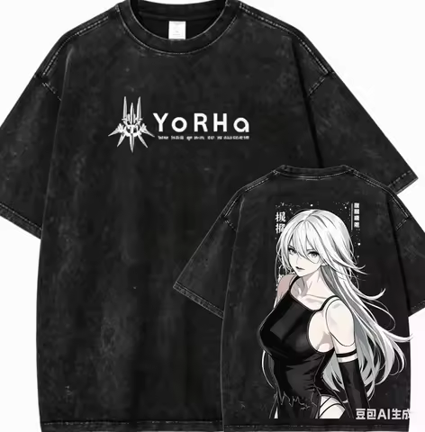 2026 NieR: Automata A2 YoRHa Vintage Washed T-shirt Anime Print Oversized Cotton Short Sleeve Tee Fo