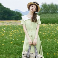安妮陳 綠色大翻領條紋連衣裙 小個子梨型穿搭洋裝