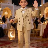 1 Set Tween Boys' Dapper Double-Breasted Suit Outfit: 1 Double-Breasted Blazer Jacket + 1 Pants + 1 