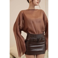 Set of brown silk shirt with boat neck design and fairy wings and short brown leather skirt with bel
