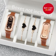 Rose Gold Elegant Sisters 4PCS/Set Women's Watches Fashion Magnet Clasp Mesh Band Quartz Watch Heart