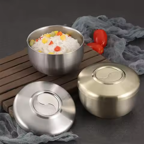 Sutra Kimchi Bowl 304 Stainless Steel Double Layer Rice Bowl With Lid Home Ramen Soup Bowl Children'