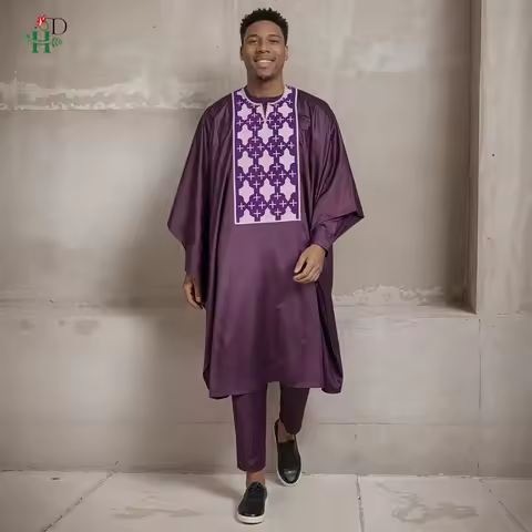 Men Casual Loose Kaftan Muslim Thobe Jubba Dishdasha Thawb Dress 3PCS Agbada Set Arab Purple Color E