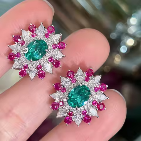 Exquistie 925 Silver Earrings for Women Fashion Vintage Lab Emerald Ear Stud Dazzling Moissanite Ear
