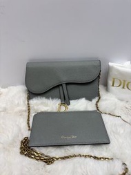 👜Dior Saddle Grey Leather Wallet on Chain Length 19cm 迪奧 灰色Saddle全皮woc二合一馬鞍子母鏈條包 有單 底長19cm
