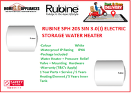 RUBINE SPH 20S SIN 3.0(I) ELECTRIC STORAGE WATER HEATER / FREE EXPRESS DELIVERY