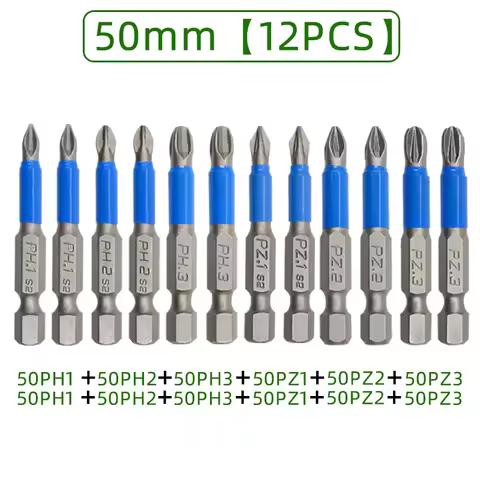 6pc 50mm PH1 PH2 PH3 PZ1 PZ2 PZ3 Magnetic Screwdriver Bit Set 1/4" Hex Shank Anti Slip Phillips Elec