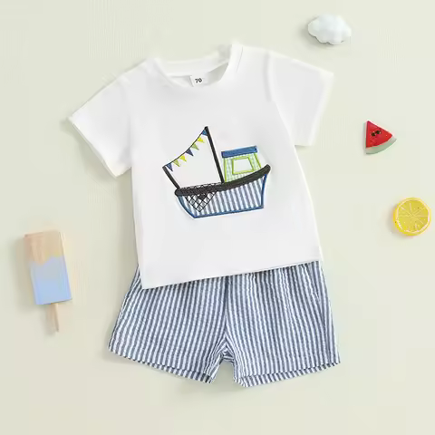 2024-12-17Lioraitiin Toddler Baby Boy Shorts Set Boat Embroidery Short Sleeve T-shirt Striped Elasti