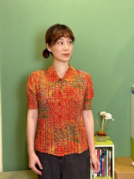 紅綠混彩雪紡短袖襯衫