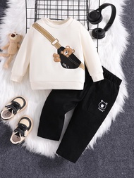 ชุด2ชิ้นเสื้อแขนยาว + กางเกงสำหรับทารกแรกเกิดลายหมีการ์ตูนชุดเสื้อผ้าเด็กทารกผู้หญิงให้ความอบอุ่นในฤดูหนาว