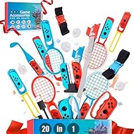 SIKEMAY Nintendo Switch Sports Accessories Kit, 20 in 1 Bundle for Switch/OLED Games, Tennis Badminton Rackets, Golf Clubs, Swords, Bowling Grip, Charging Dock, Rocker Cap, Wrist Band &amp; Leg Strap