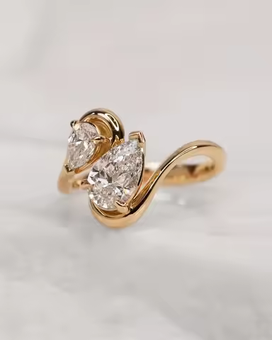 14K Solid Gold S-Shaped Double Stone Diamond Ring, Lab-Grown Diamond IGI 1CT Pear-Shaped Double Diam