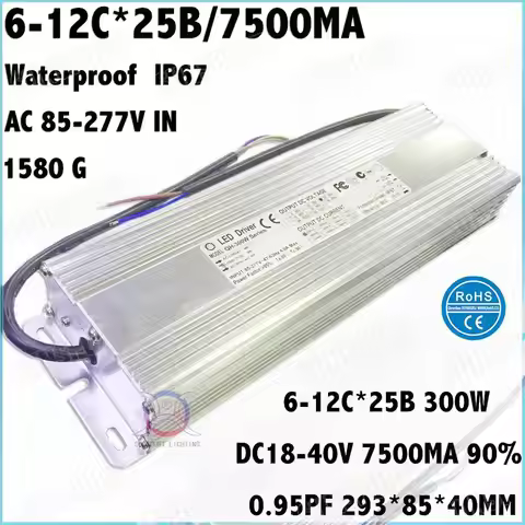 1 Pieces Waterproof High PFC 300W AC85-277V LED Driver 6-12Cx25B 7500mA DC18-40V Constant Current Fo