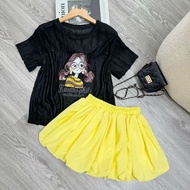 Women's Bigsize Set 2 Piece Printed Scratched T-shirt with Cute, Dynamic Flared Skirt 55-92kg A287-C