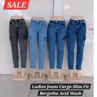 NEW Ladies Cargo Slim Fit Jeans With Acid Wash High Quality Seluar Jeans Slim Fit Cargo Seluar Perem