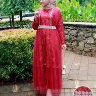 Gamis Maduri Bahan Tule Polos Kombinasi Warna Maroon