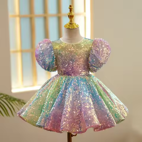 Sequin Ombre Girl Dress Pastel Sparkles Shimmers Puffy Sleeves Sequin Dress Girls Birthday Party Clo