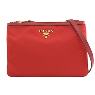 PRADA 1BH046 經典浮雕LOGO尼龍雙層雙拉鍊斜背包.紅