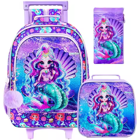 Purple Mermaid Kids Rolling Backpack Set with Lunch Box & Pencil Case, Sequin Shell Wheeled School B