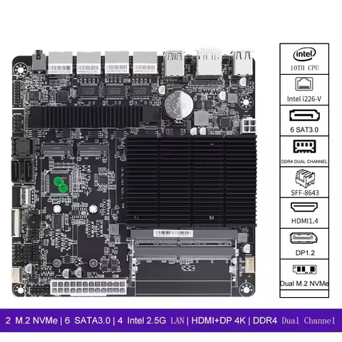 J4125 NAS Motherboard 6 Bay NAS Board 4 Intel i226-V 2.5G 2 M.2 NVMe ASM1064 Chip 6 SATA3.0 2*DDR4 H