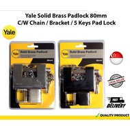 Yale Solid Brass Padlock 80mm C/W ( Chain / Bracket / 5 Keys ) Pad Lock