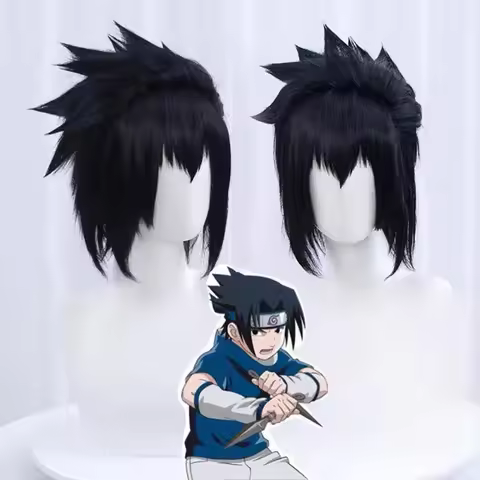 HAIRJOY Synthetic Hair Wig Uchiha Sasuke Cosplay Wigs Short Curly Black Cosplay Wig Rose Net