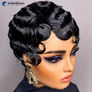 NOBELJIAOO Retro Black Ocean Wave Human Hair Wig Short Pixie Cut Finger Wave Style Wig Finger Wave W