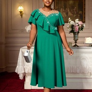 Đầm dạ hội chữ A AOMEI đính hạt ngọc trai cho nữ, tay ngắn, dáng midi, cỡ lớn