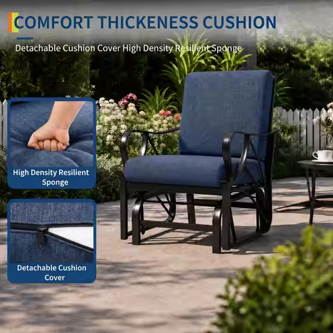 Porch Glider, Glider Rocking Chair with Removable Cushion, Heavy Duty Metal Frame, Curved Armrest, O