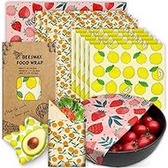 Reusable Beeswax Wrap - 9 Pack Eco-Friendly Beeswax Wraps For Food, Organic, Sustainable, Biodegradable, Zero Waste, Plastic-Free Food Storage, 1L Strawberry, 3M Orange, 5S Lemon Patterns
